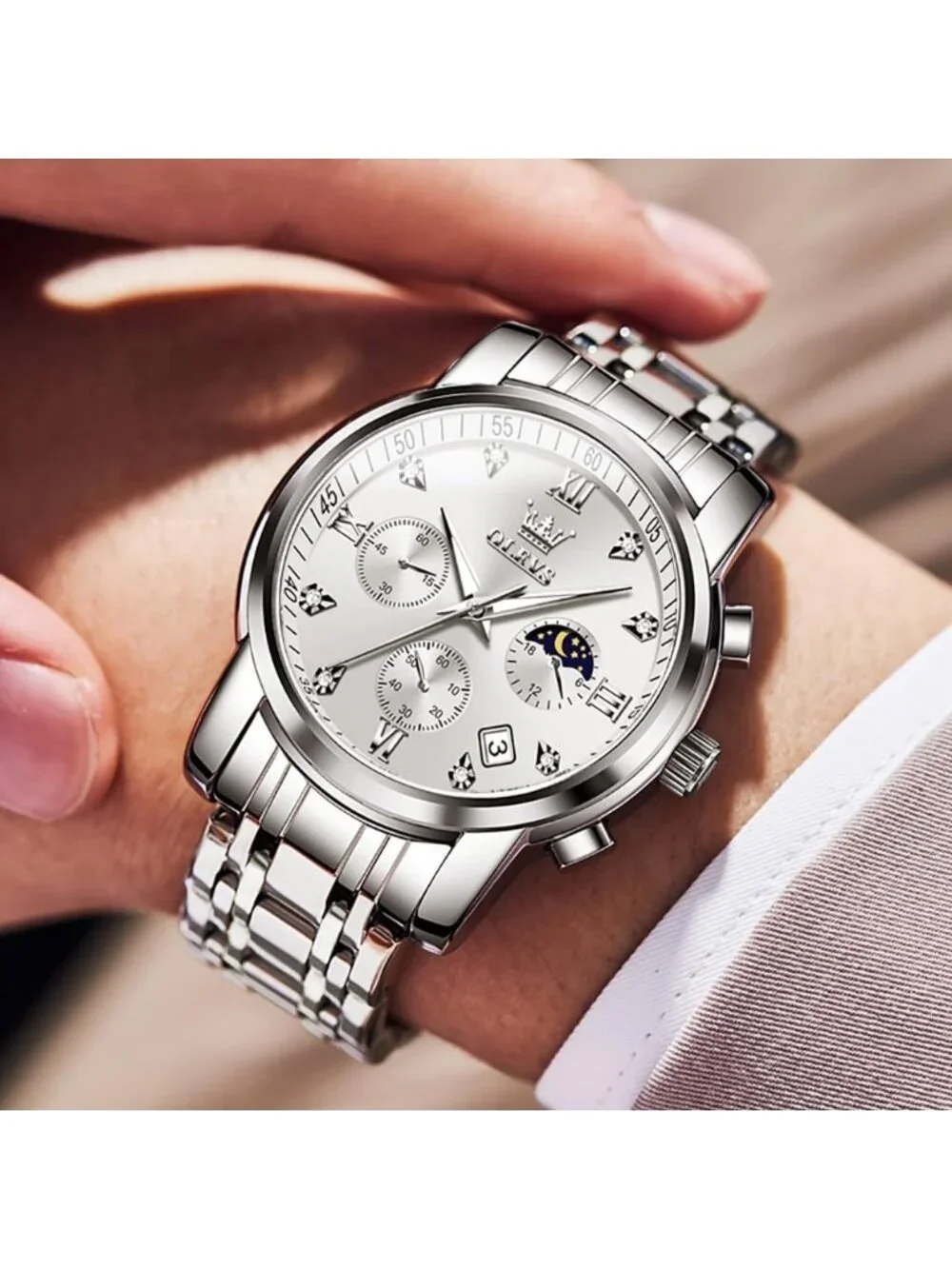 Mens Silver Diamond Classic Analog Quartz Stainless Luminous Round Classic Watch